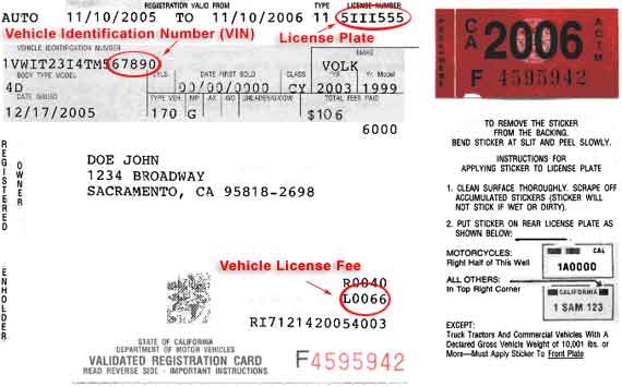Sample registration card showing where to find vehicle identification number, license plate number, and vehicle license fee paid. Includes sticker and directions for placement.