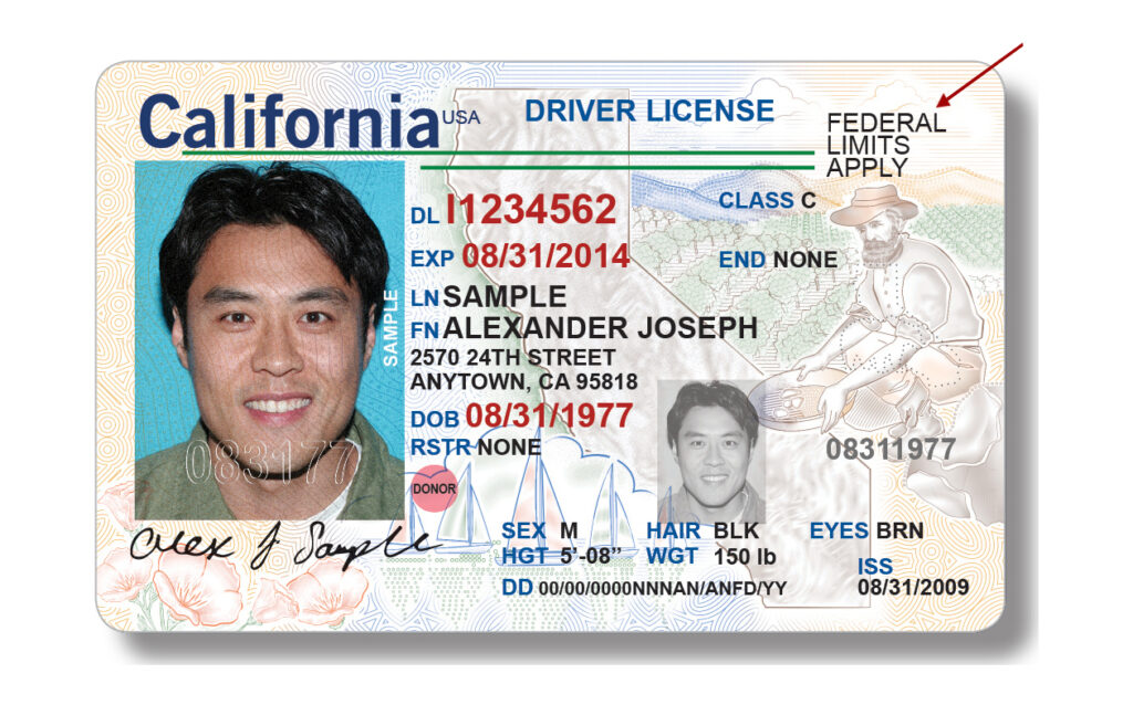 Image of Federal Non-Compliant Driver License with an arrow pointed to the text & Federal Limits; in the top right corner.