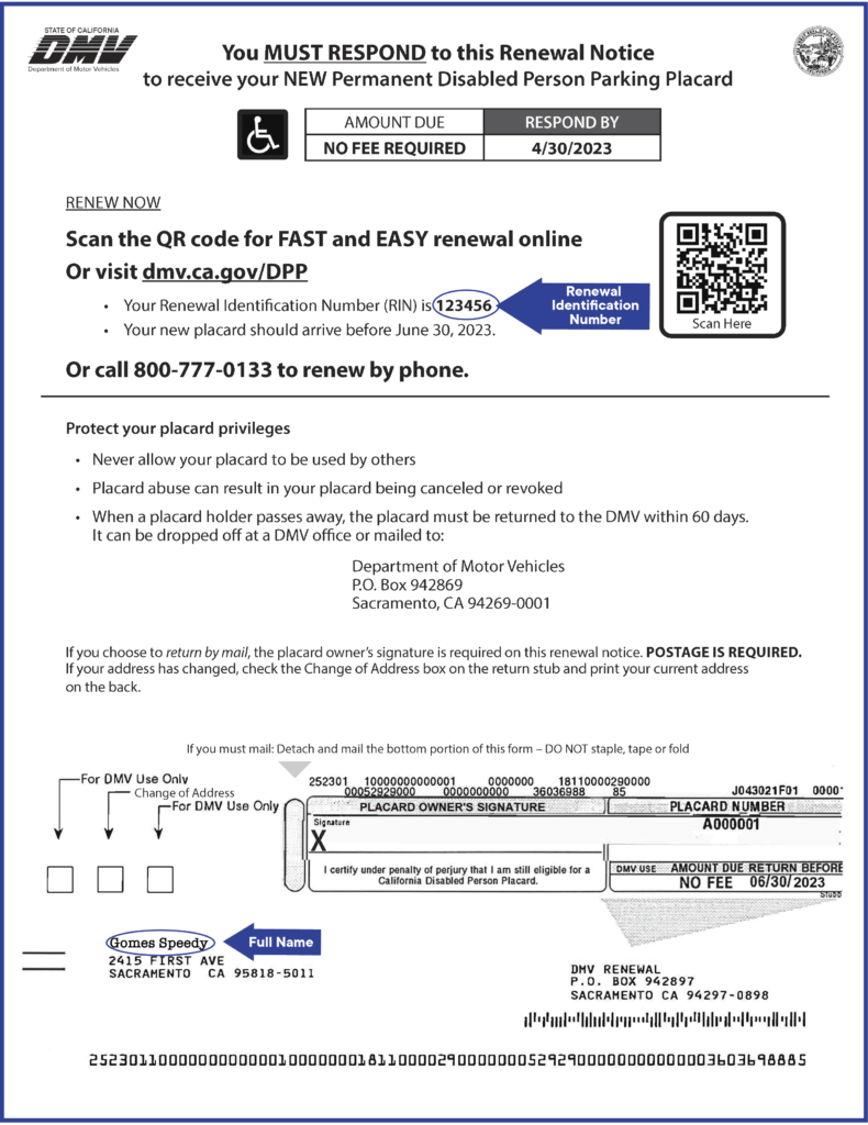 Sample Disabled Person Placard Renewal Notice. The locations of the Renewal Identification Number and owner's full name are marked with arrows.