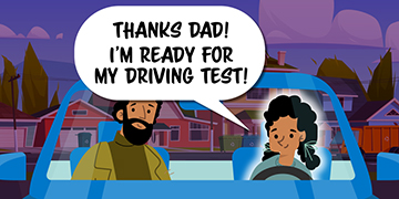 DMV character Cali in the car with her father ready for her driving test.