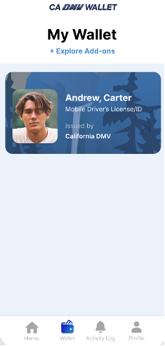 A screenshot of the blue tile with picture in the CA DMV Wallet app.