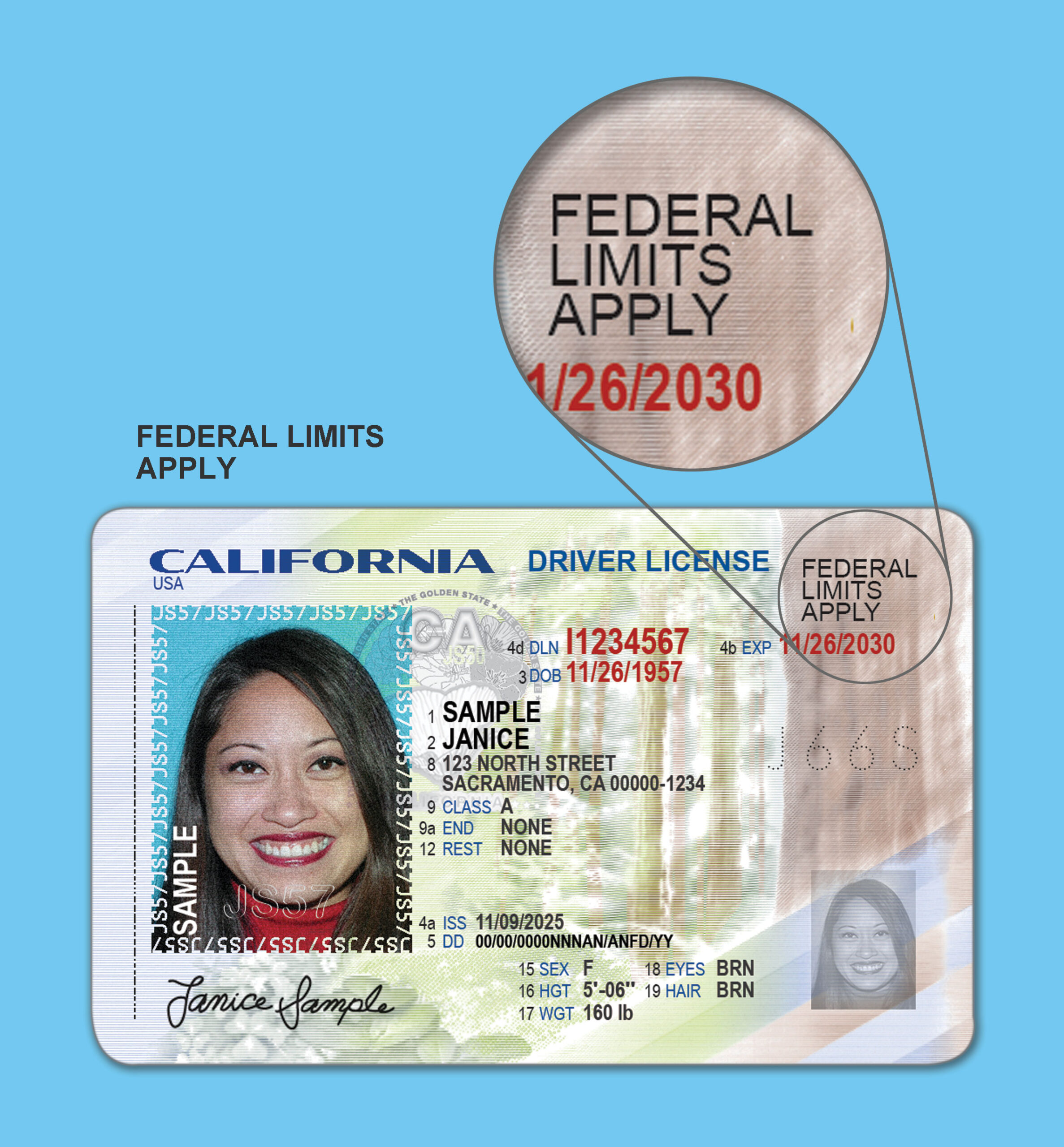 Graphic displaying a REAL ID. A Fed Limit in the top right corner
