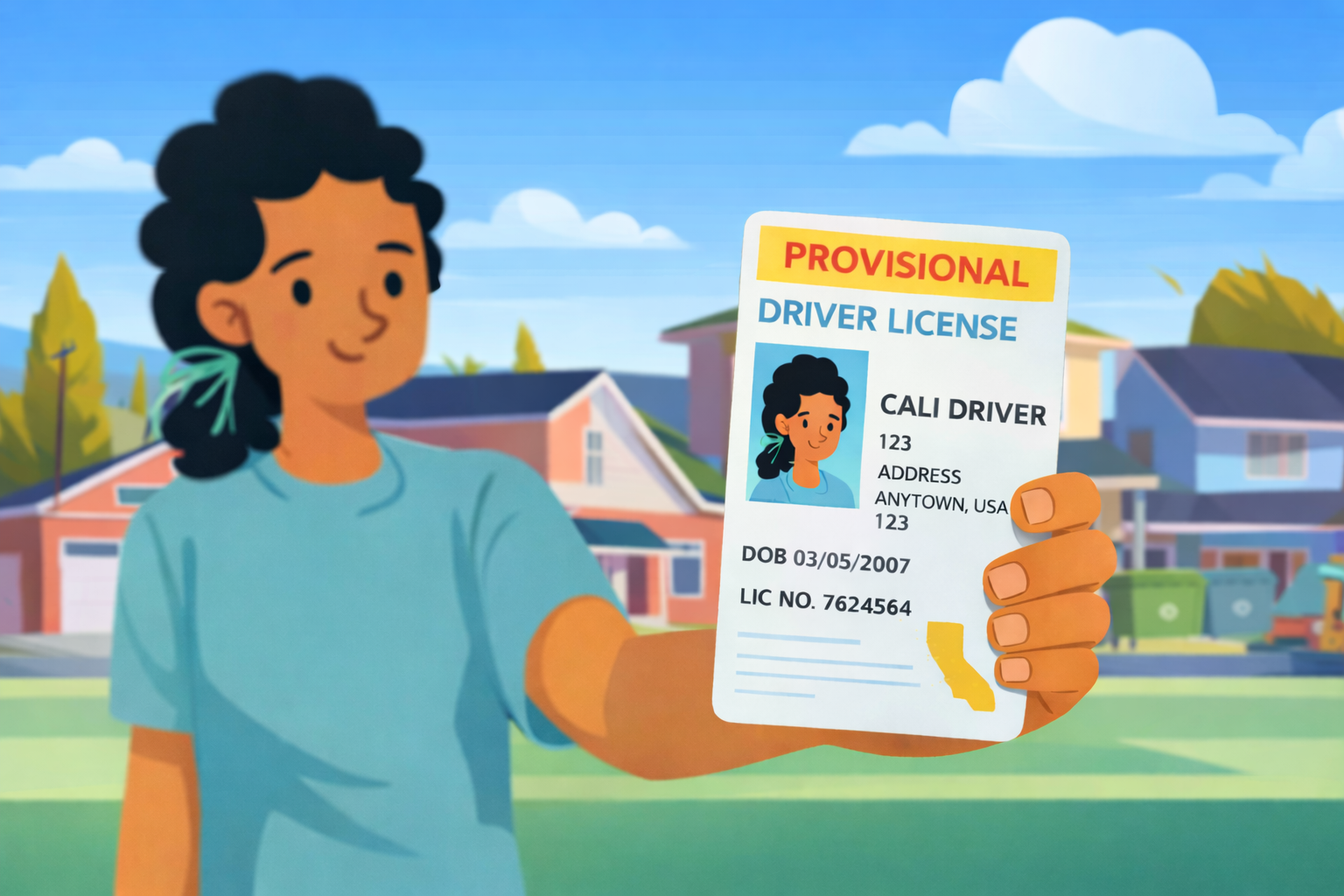 DMV character Cali showing their provisional license.