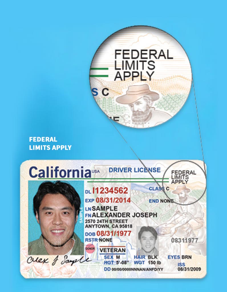 Graphic demonstrating an ID that is not a valid REAL ID. IDs with the text "Federal Limits Apply" is not a valid REAL ID. 